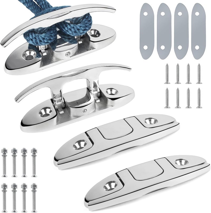 DEDU 4-1/2" Folding Boat Cleat 316 Stainless Steel, Marine Flip Up Dock Cleat 2 Holes, Boat Folding Cleat 6 Inch with Fasteners and Back Plates for Dock Lines Mooring Accessories (4 Pack) - Image 1
